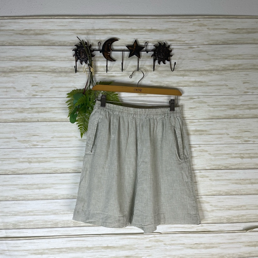 Muted Sage Green Gingham Checkered Highwaisted Pull On Bermuda Shorts